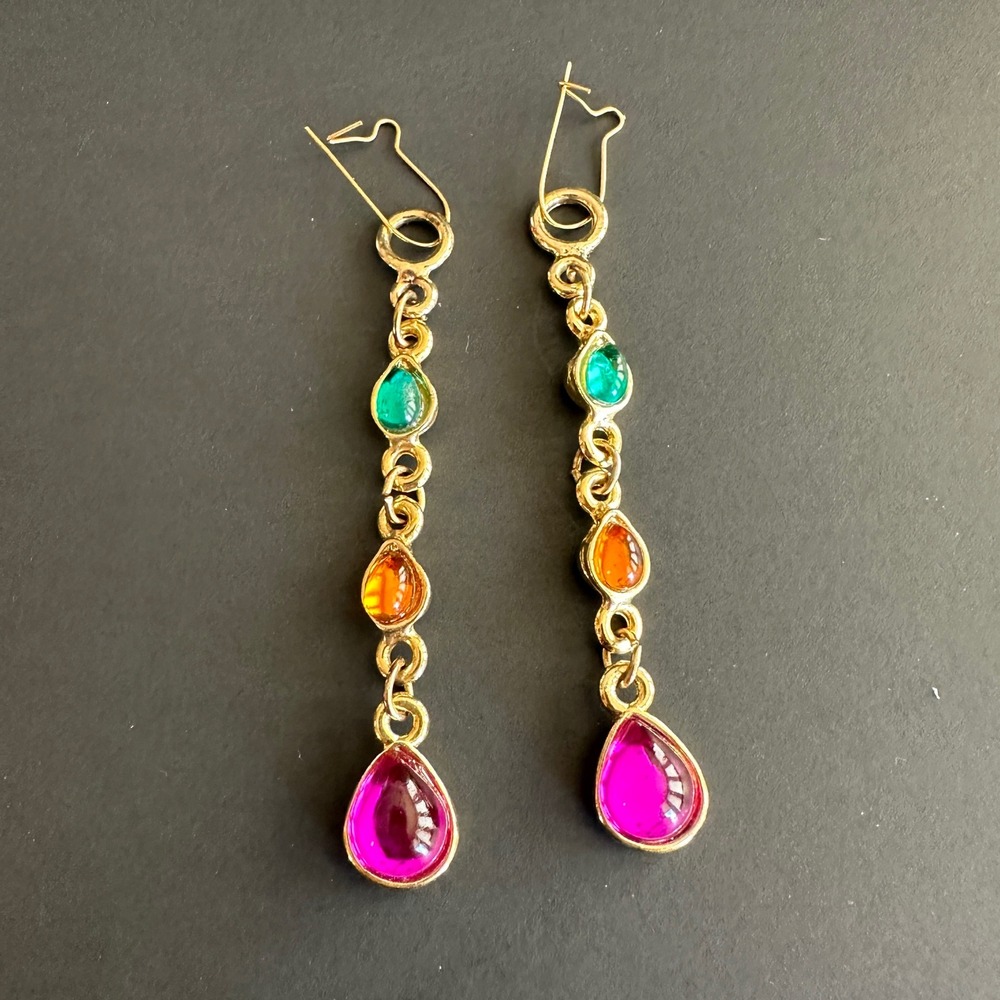 Vintage Style‎ Long Drop Earrings Multi Color Jewel Tone Cabochon Gold Tone 80s